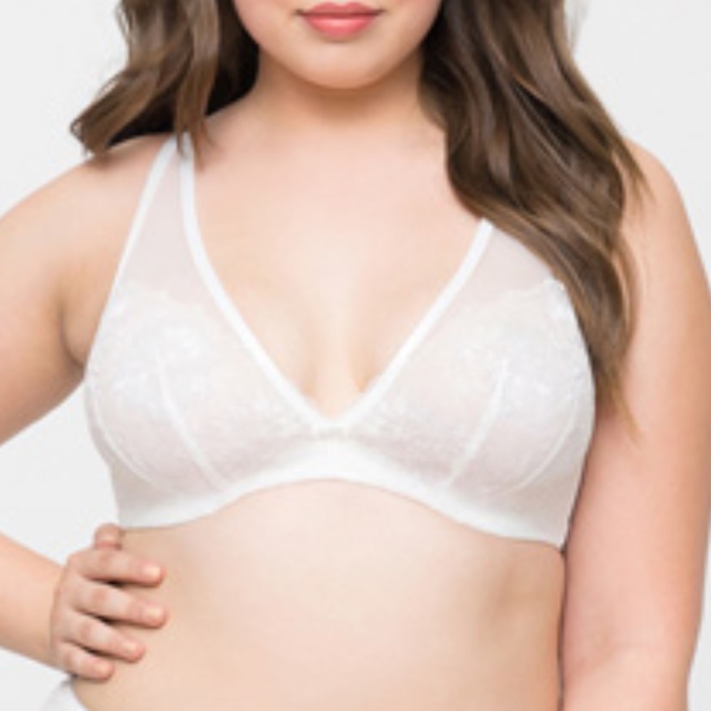 Curvy Couture NWT Ivory Off White Sheer Glistening Embroidery Lace Underwire Bra